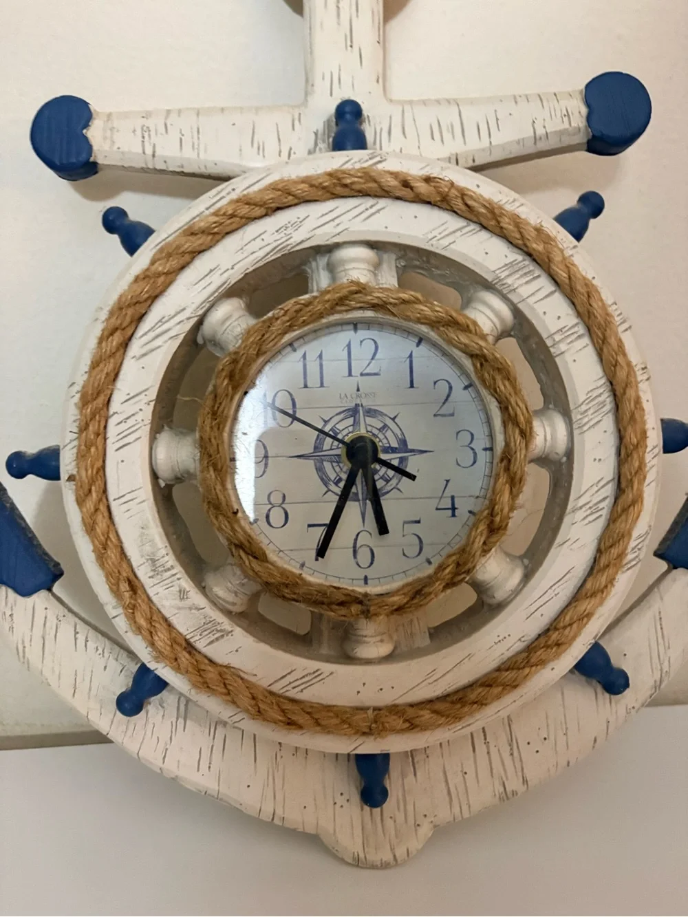 La Crosse Nautical Anchor Ship Wheel Wall Clock Coastal Beach Decor White Blue